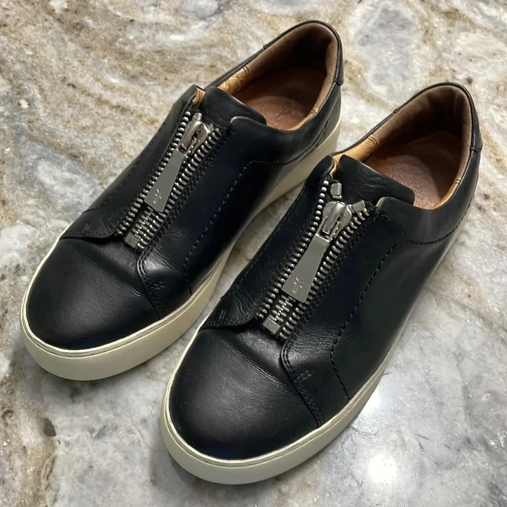 FRYE Lena Zip Up Platform Black Polished Soft Full Grain Leather Sneaker Size 7